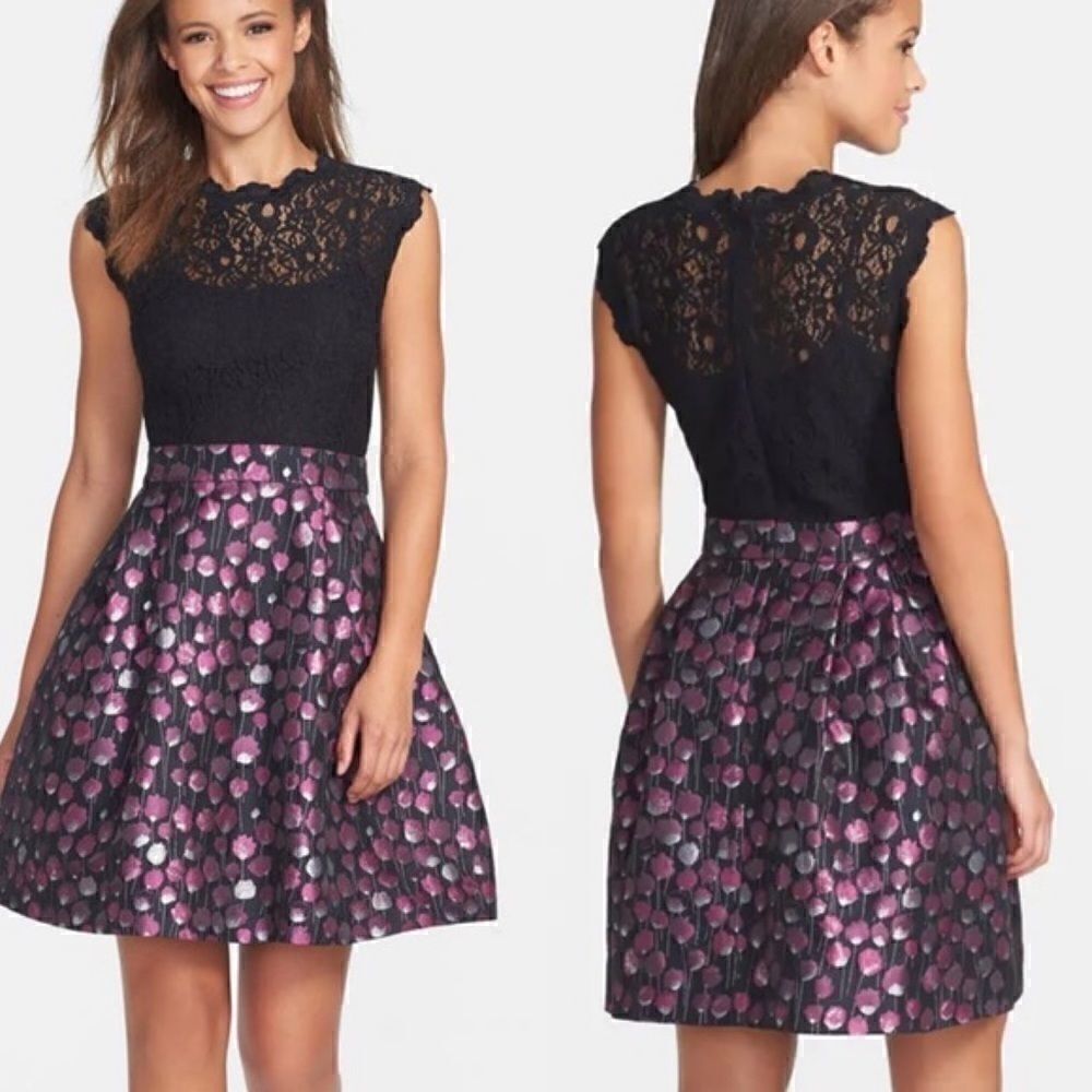 Cynthia Steffe Black Lace Top Pink Metallic Polka Dot Skirt Fit-and-Flare Dress